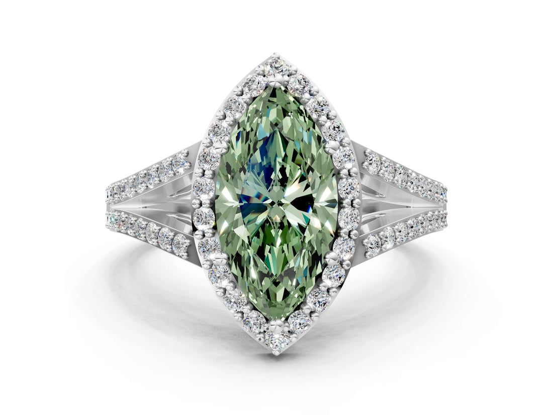 White gold Fancy Green Marquise  Halo Split Shank Pave Diamond Ring with Four-Prong Setting_48