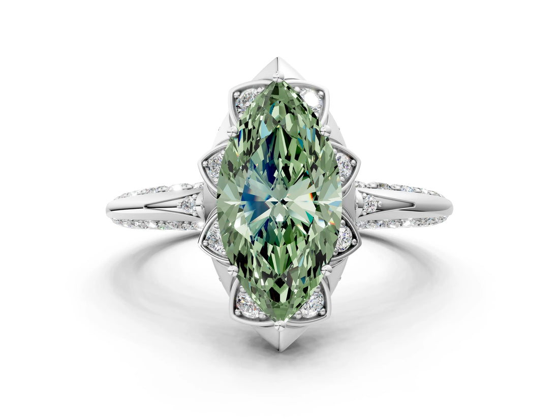 White gold Fancy Green Marquise  Halo Split Shank Pave Diamond Ring with Petal Prong Setting_32