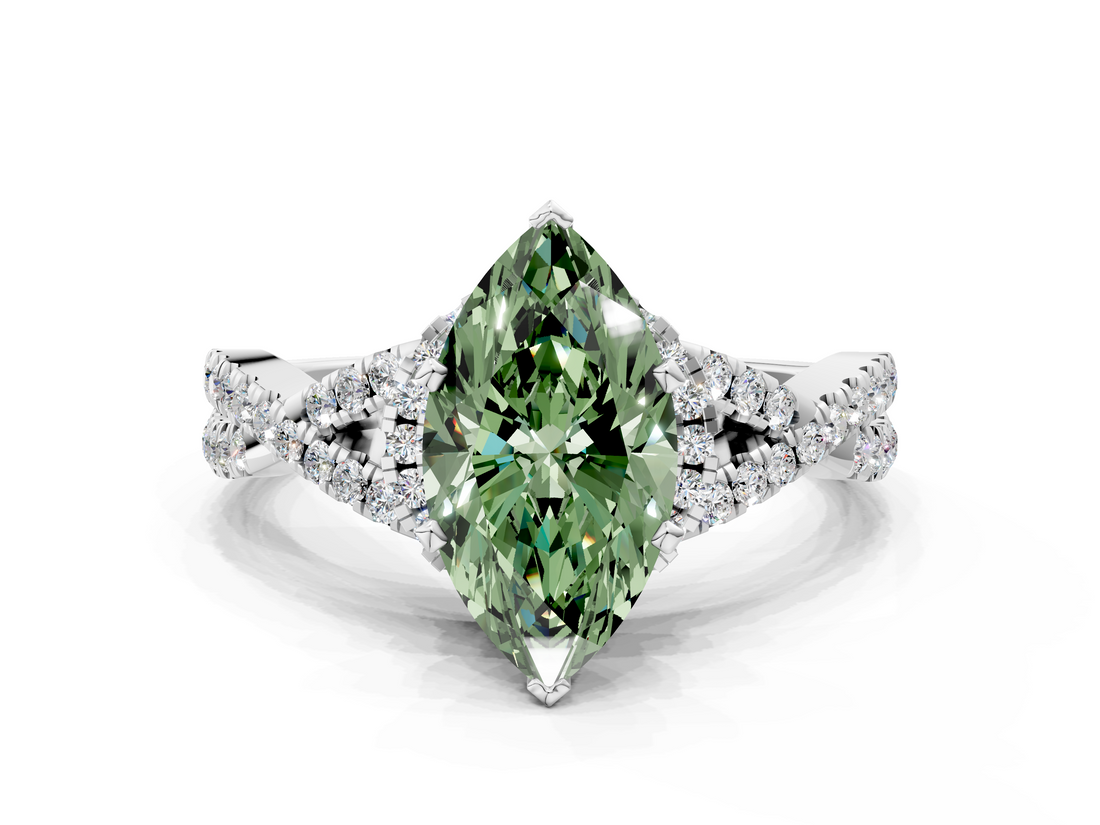 White gold Fancy Green Marquise  Halo Twist Band Solitaire Prong Setting Ring_79