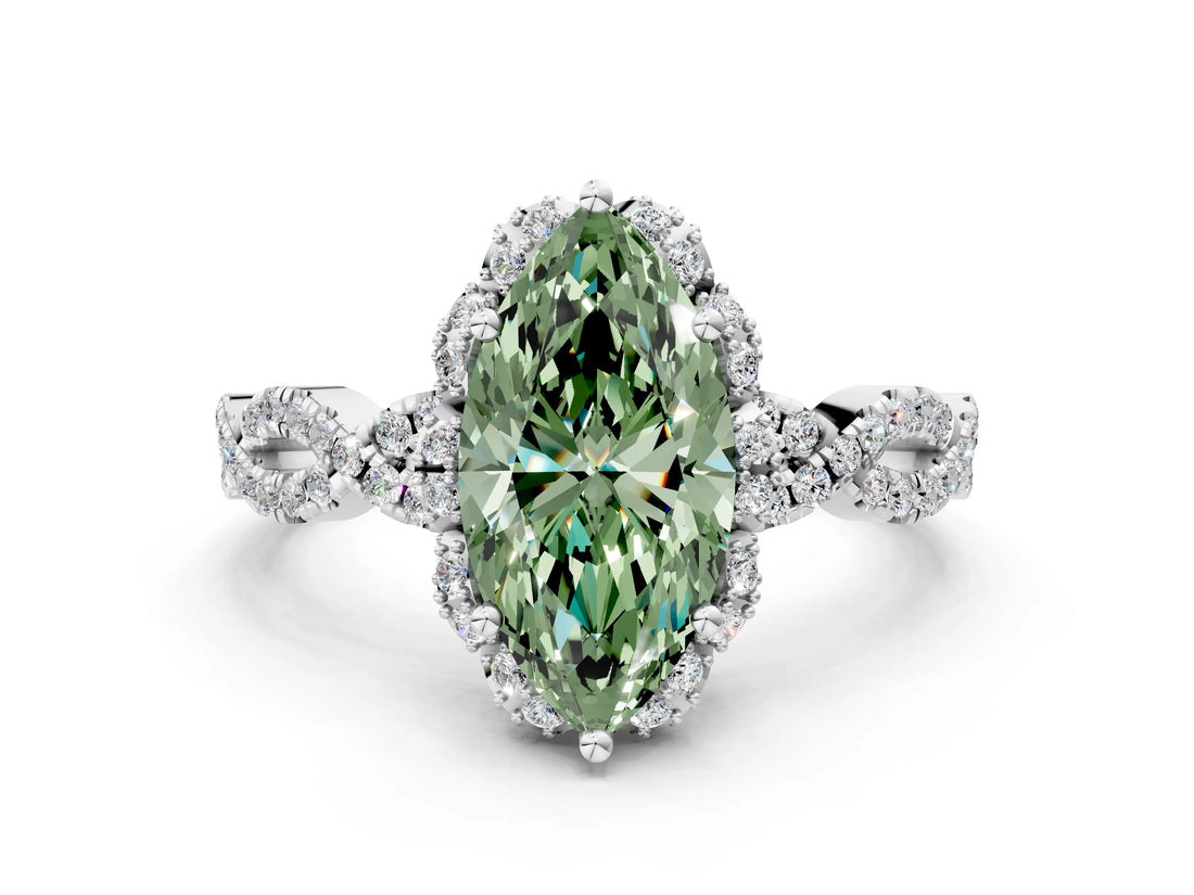 White gold Fancy Green Marquise  Halo Twist Band Solitaire Ring with Six-Prong Setting_31