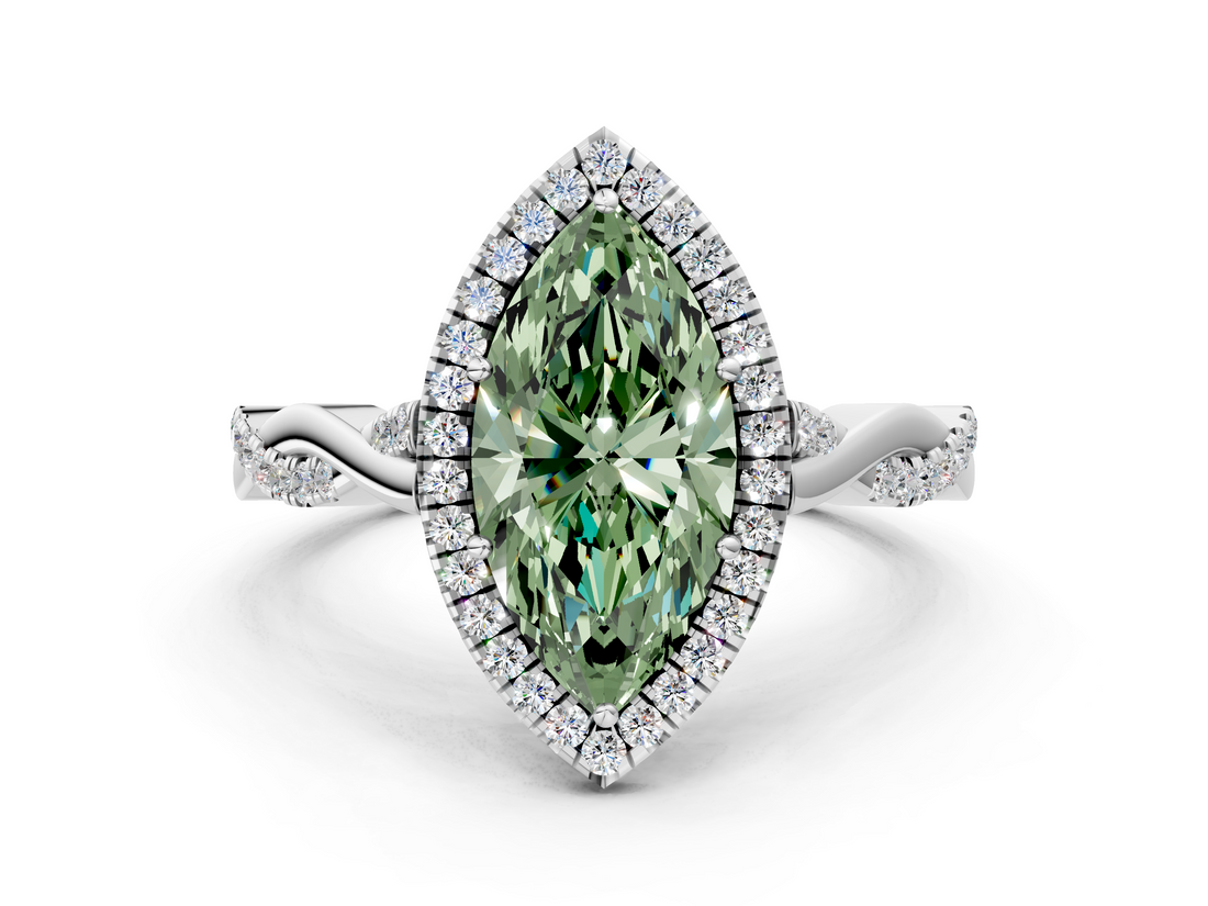 White gold Fancy Green Marquise  Halo Twist Band Solitaire Ring_72