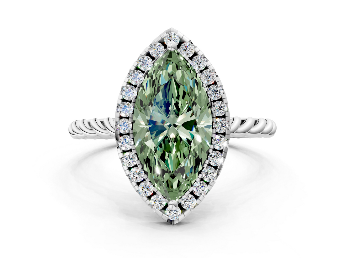 White gold Fancy Green Marquise  Halo Twisted Band Four-Prong Diamond Ring_20