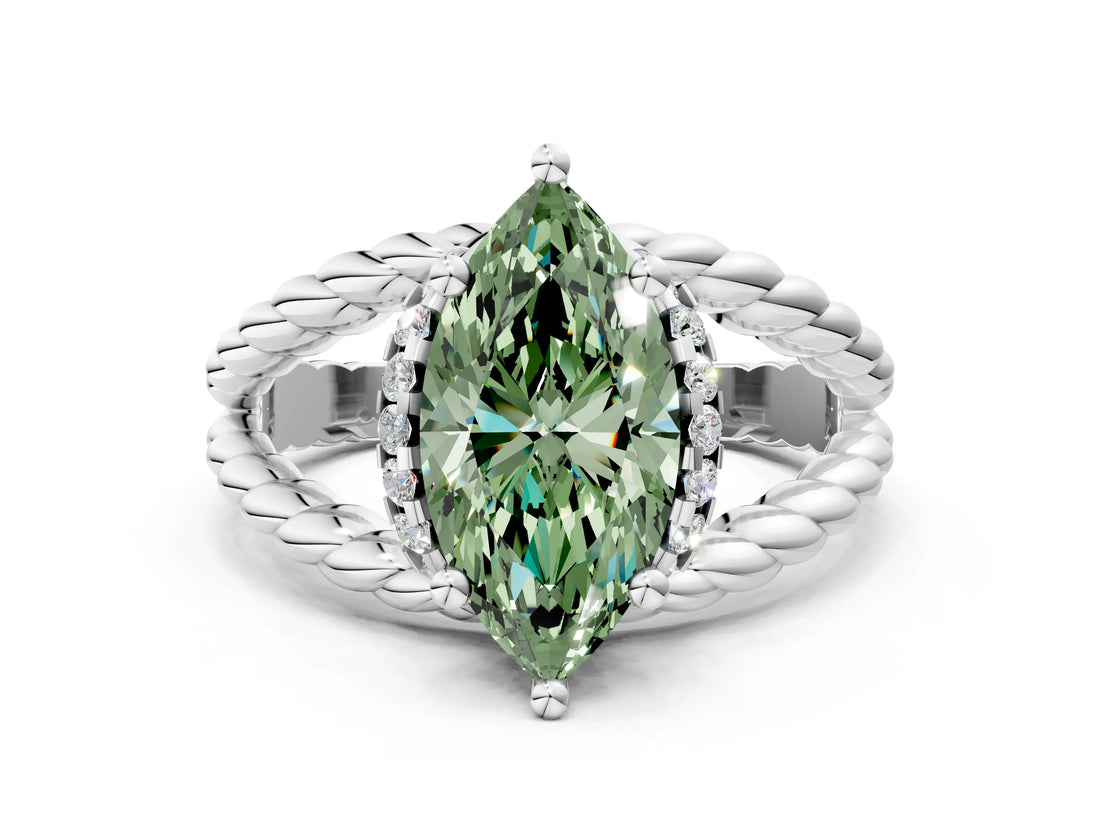 White gold Fancy Green Marquise  Halo Twisted Band Four-Prong Ring_62