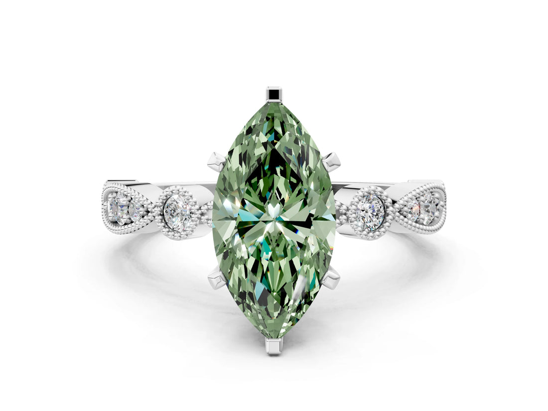 White gold Fancy Green Marquise  Milgrain Bezel Diamond Engagement Ring with Solitaire Prong Setting_172