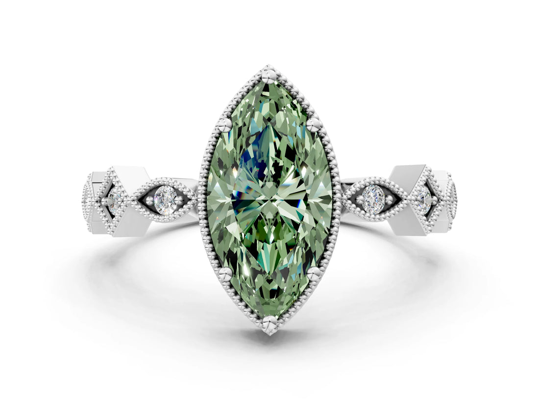 White gold Fancy Green Marquise  Milgrain Marquise Diamond Twist Band Ring_79