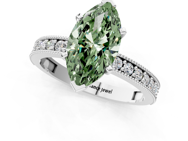 Platinum Fancy Green Marquise Cut Diamond Milgrain Pavé Engagement Ring with Four-Prong Setting