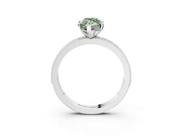 Platinum Fancy Green Marquise Cut Diamond Milgrain Pavé Engagement Ring with Four-Prong Setting