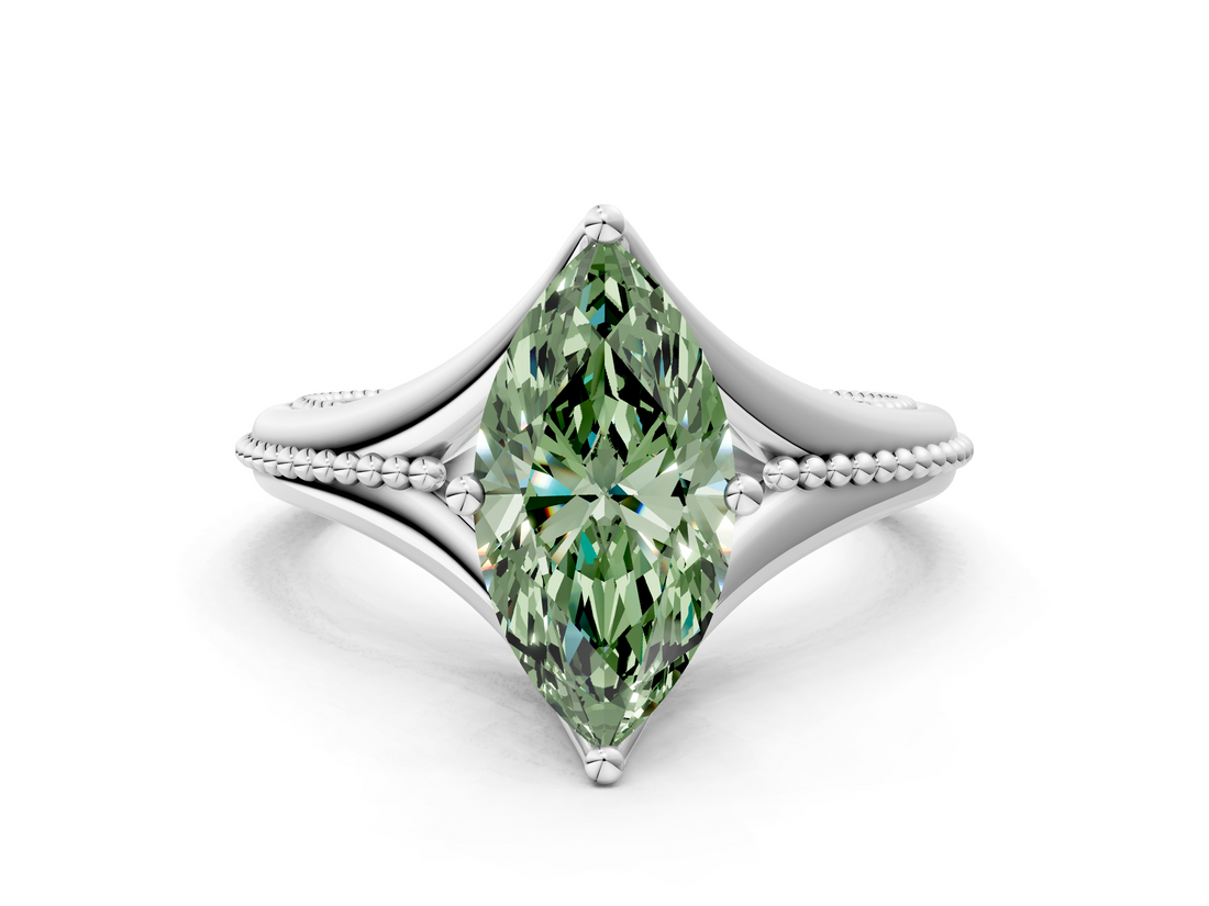 White gold Fancy Green Marquise  Solitaire Beaded Band Six-Prong Setting