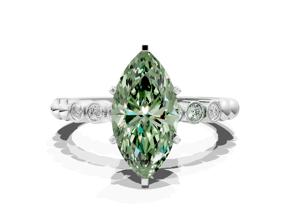 White gold Fancy Green Marquise  Solitaire Bezel Accent Diamond Engagement Ring with Beaded Band and Four-Prong Setting_41