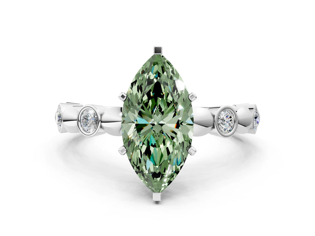 White gold Fancy Green Marquise  Solitaire Bezel-Set Diamond Ring with Beaded Band and Four-Prong Setting_32
