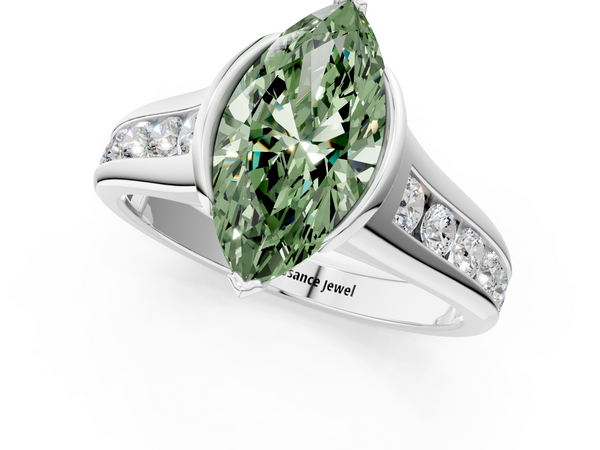 White gold Fancy Green Marquise  Solitaire Bezel-Set Diamond Ring with Channel-Set Band