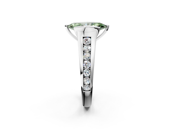 White gold Fancy Green Marquise  Solitaire Bezel-Set Diamond Ring with Channel-Set Band