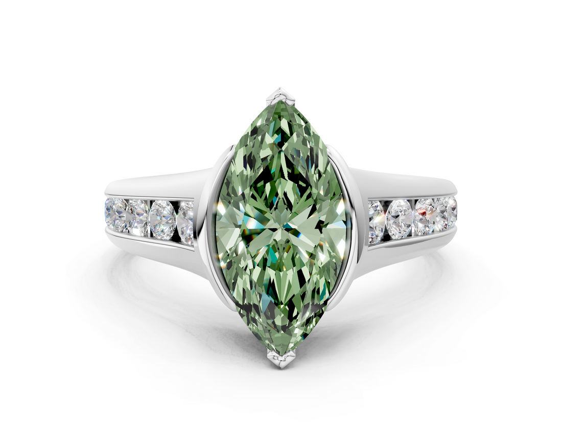 White gold Fancy Green Marquise  Solitaire Bezel-Set Diamond Ring with Channel-Set Band_37