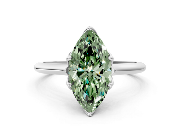 Platinum Fancy Green Marquise  Solitaire Cathedral Diamond Ring with Six-Prong Setting