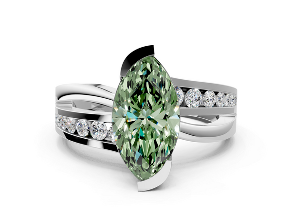 Platinum Fancy Green Marquise  Solitaire Channel-Set Split Shank Ring with Tension Prong Setting