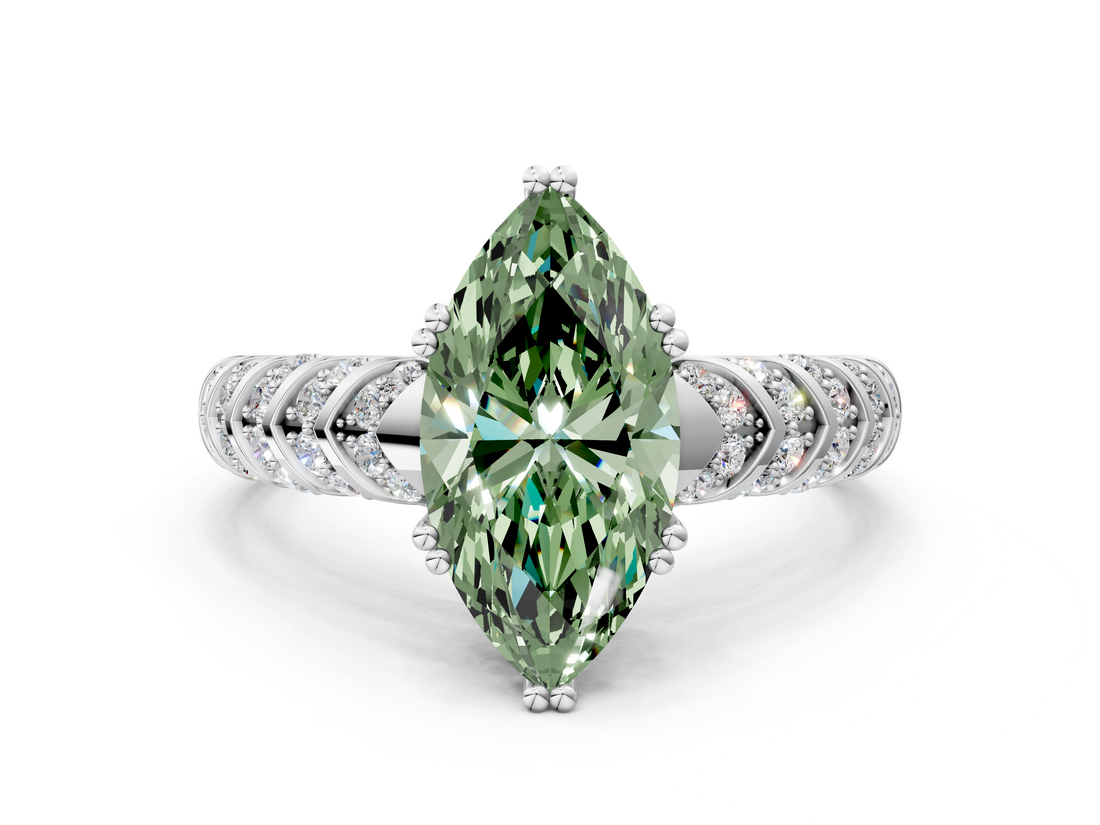 White gold Fancy Green Marquise  Solitaire Chevron Pave Diamond Engagement Ring with Six-Prong Setting_3
