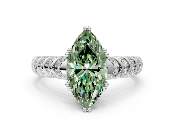 White gold Fancy Green Marquise  Solitaire Chevron Pave Diamond Engagement Ring with Six-Prong Setting