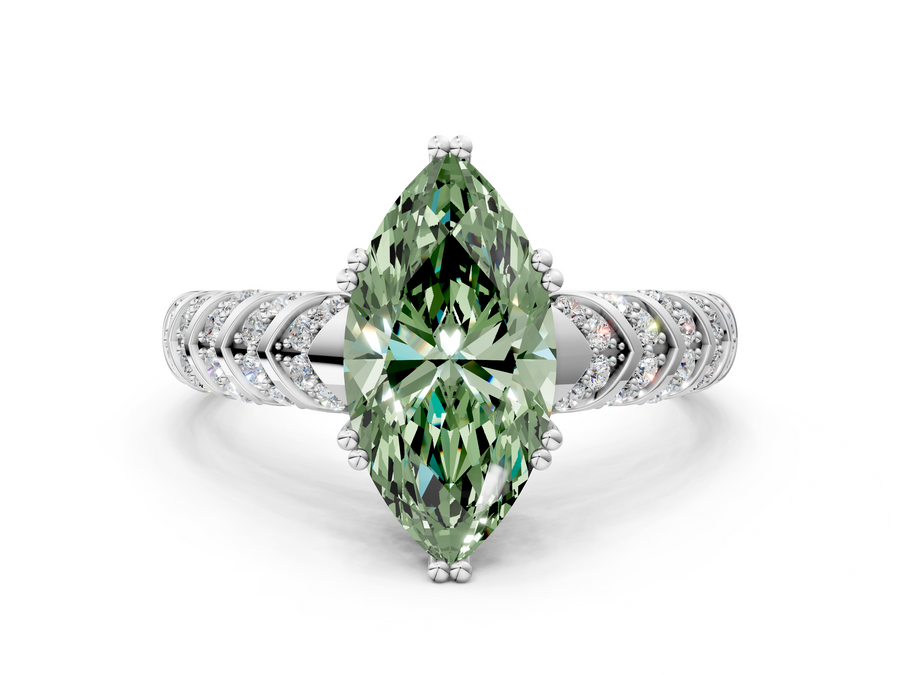 White gold Fancy Green Marquise  Solitaire Chevron Pave Diamond Engagement Ring with Six-Prong Setting