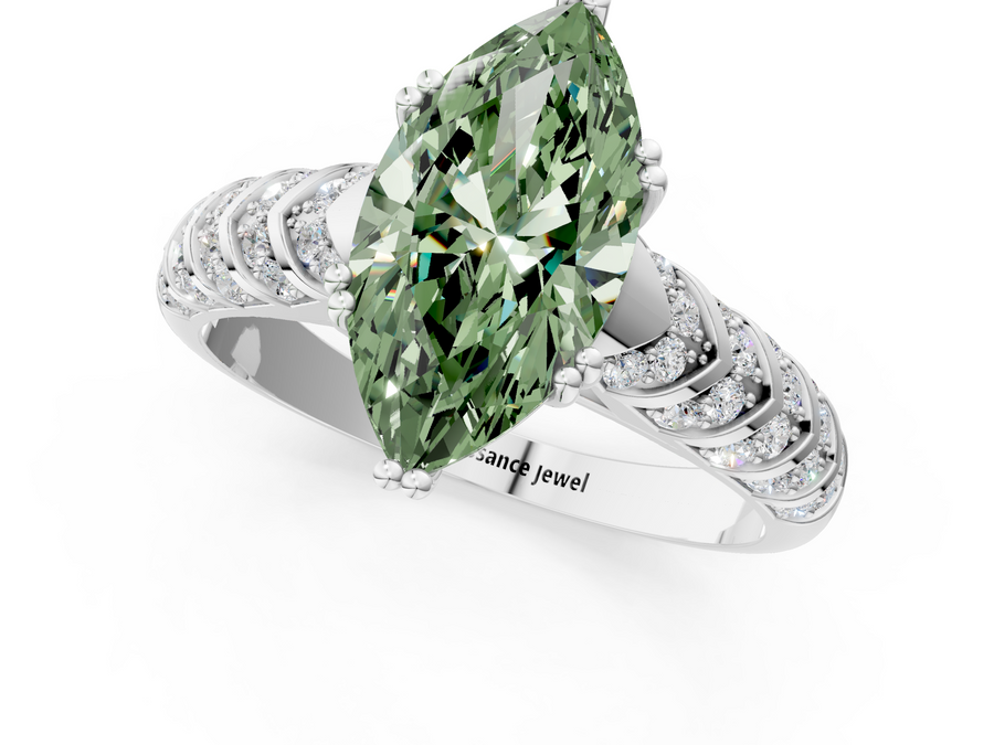 White gold Fancy Green Marquise  Solitaire Chevron Pave Diamond Engagement Ring with Six-Prong Setting
