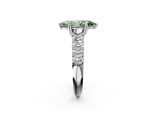White gold Fancy Green Marquise  Solitaire Chevron Pave Diamond Engagement Ring with Six-Prong Setting