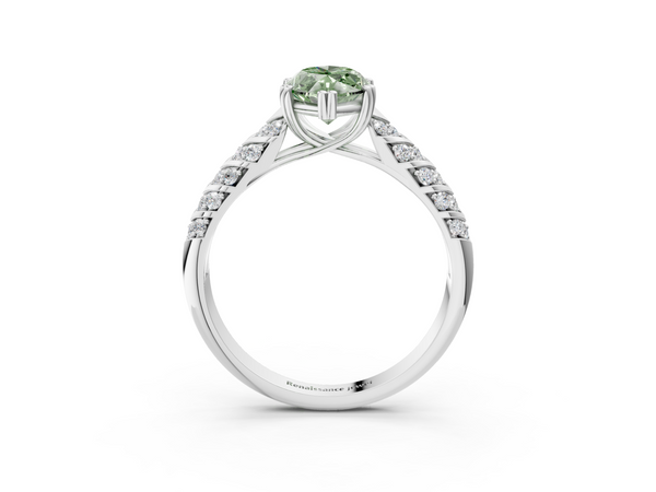 White gold Fancy Green Marquise  Solitaire Chevron Pave Diamond Engagement Ring with Six-Prong Setting