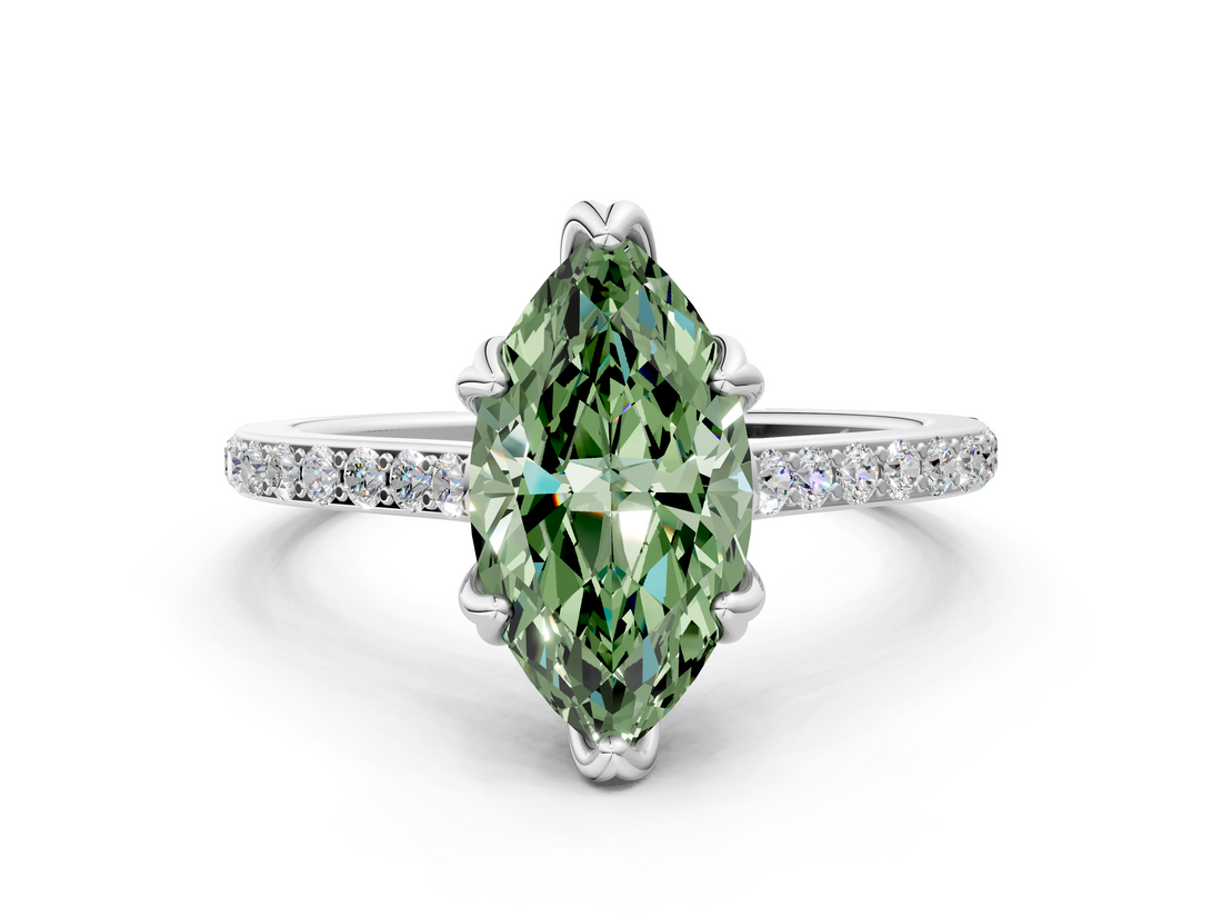 White gold Fancy Green Marquise  Solitaire Diamond Engagement Ring with Pave Band and Six-Prong Setting_20