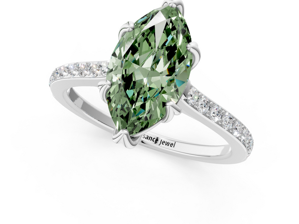 Platinum Fancy Green Marquise  Solitaire Diamond Engagement Ring with Pave Band and Six-Prong Setting