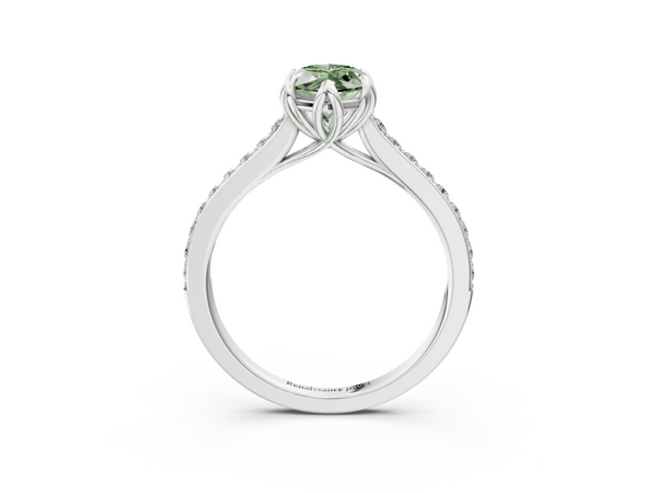 Platinum Fancy Green Marquise  Solitaire Diamond Engagement Ring with Pave Band and Six-Prong Setting
