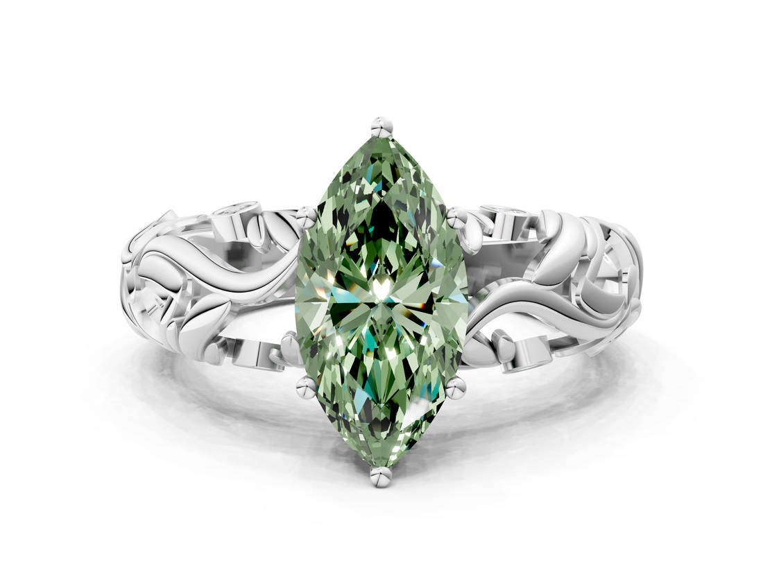 White gold Fancy Green Marquise  Solitaire Diamond Leaf Vine Band with Prong Setting_59