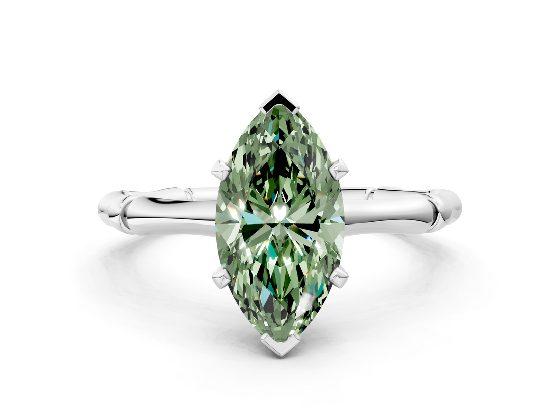 White gold Fancy Green Marquise  Solitaire Diamond Ring with Bamboo Band and Four-Prong Setting_102