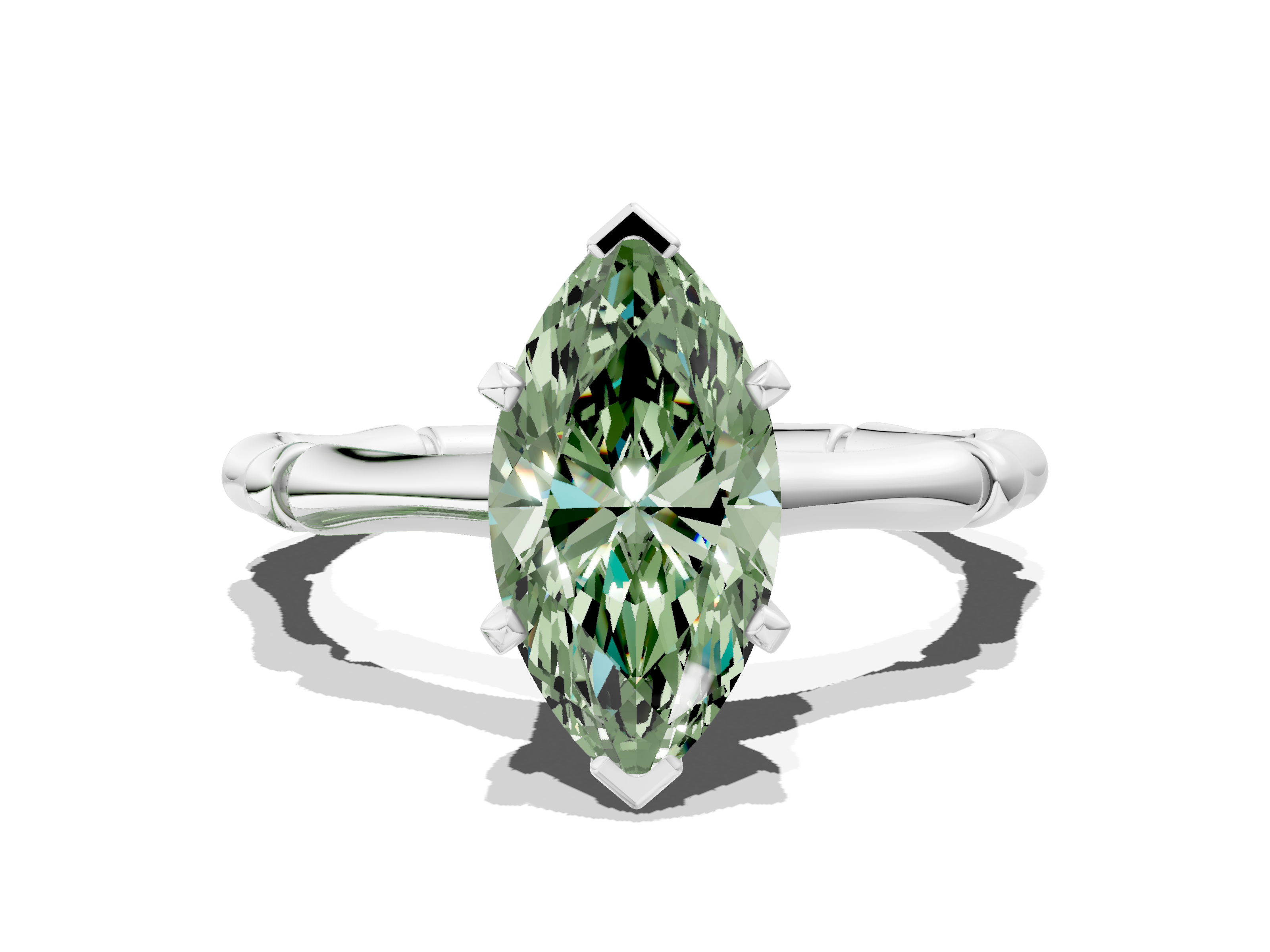 White gold Fancy Green Marquise  Solitaire Diamond Ring with Bamboo Band and Four-Prong Setting_85