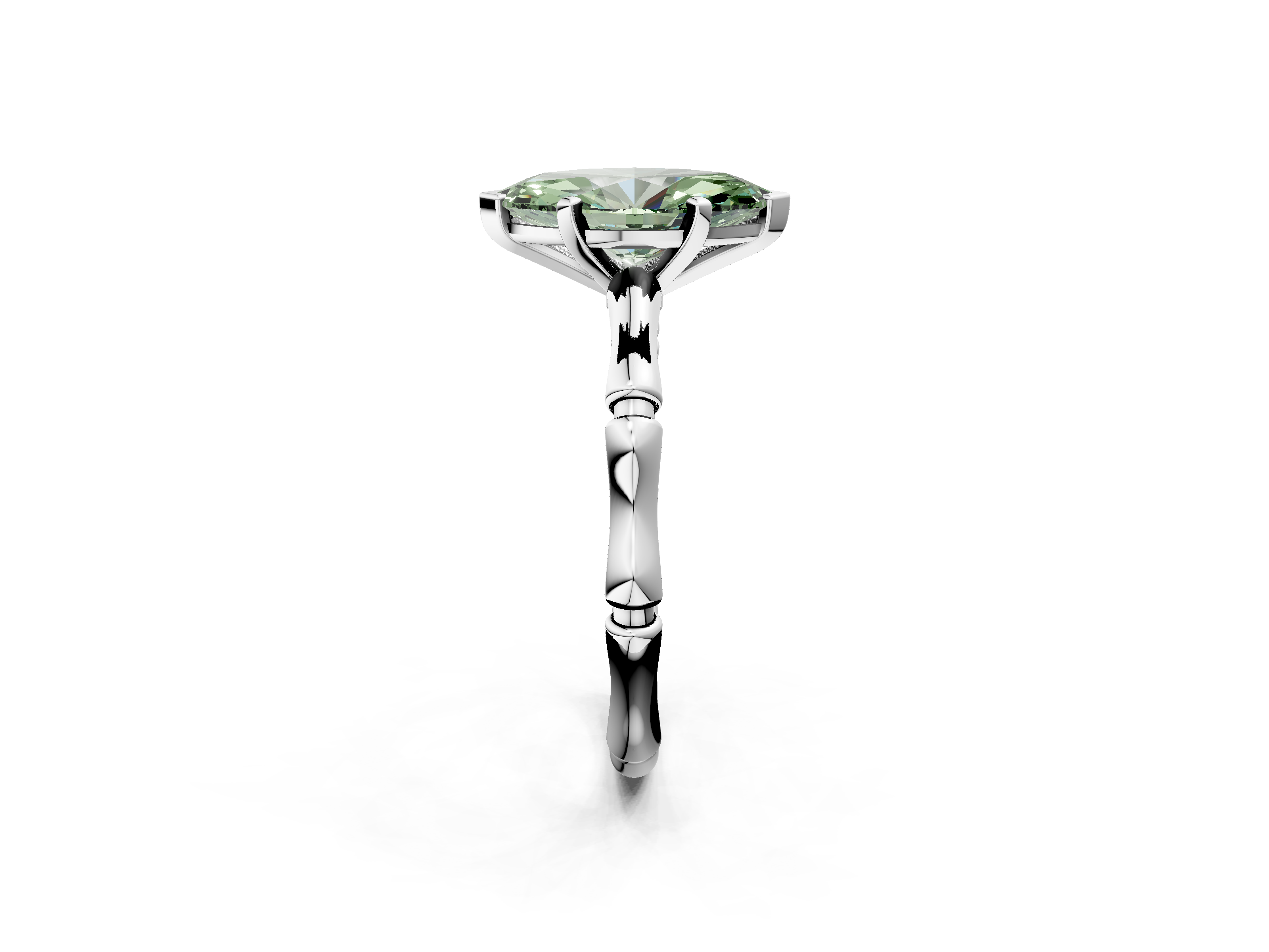 White gold Fancy Green Marquise  Solitaire Diamond Ring with Bamboo Band and Four-Prong Setting_87