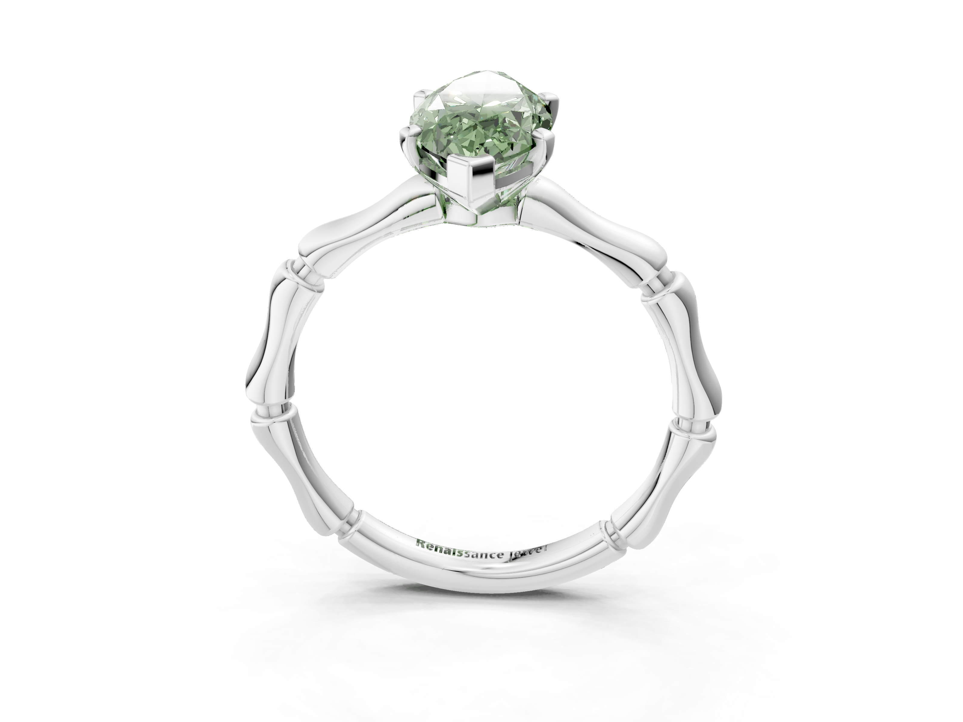 White gold Fancy Green Marquise  Solitaire Diamond Ring with Bamboo Band and Four-Prong Setting_88