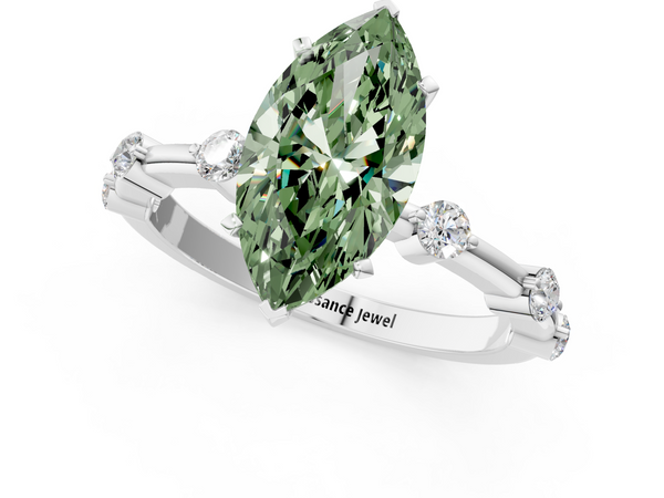 White gold Fancy Green Marquise  Solitaire Diamond Ring with Bezel Set Side Stones and Prong Setting
