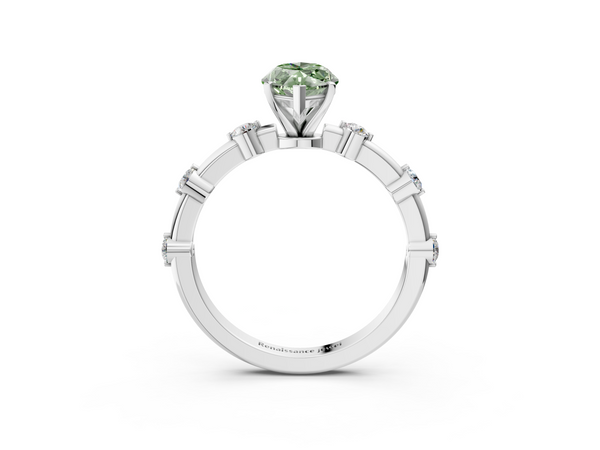 White gold Fancy Green Marquise  Solitaire Diamond Ring with Bezel Set Side Stones and Prong Setting