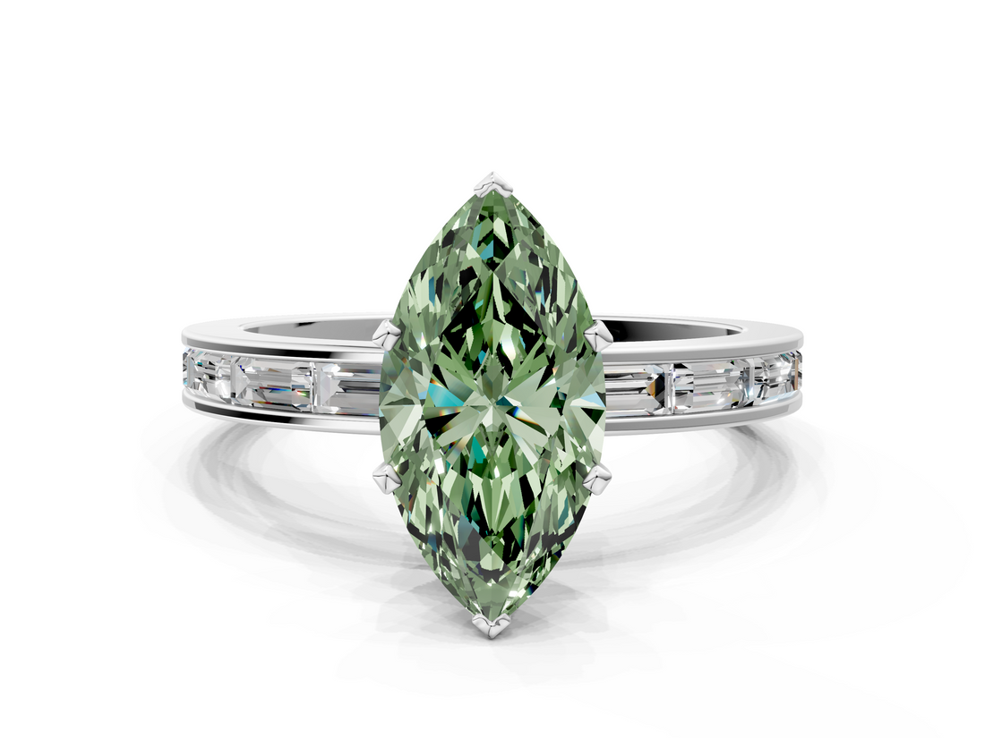 White gold Fancy Green Marquise  Solitaire Diamond Ring with Channel-Set Baguette Band and Four-Prong Setting_80