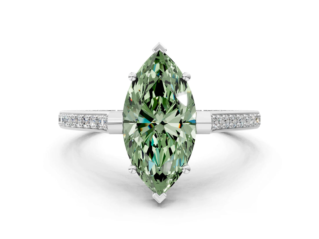 White gold Fancy Green Marquise  Solitaire Diamond Ring with Channel Set Band and Bezel Prong Setting_68