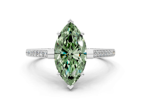 White gold Fancy Green Marquise  Solitaire Diamond Ring with Channel Set Band and Bezel Prong Setting