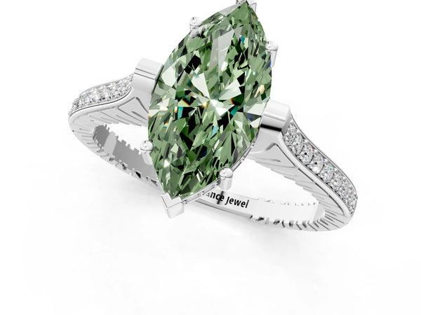 White gold Fancy Green Marquise  Solitaire Diamond Ring with Channel Set Band and Bezel Prong Setting