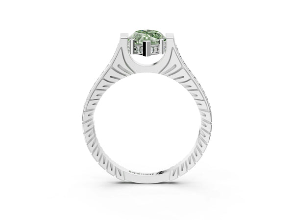 White gold Fancy Green Marquise  Solitaire Diamond Ring with Channel Set Band and Bezel Prong Setting