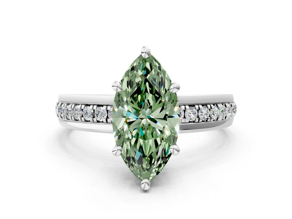 White gold Fancy Green Marquise  Solitaire Diamond Ring with Channel Set Band and Six-Prong Setting
