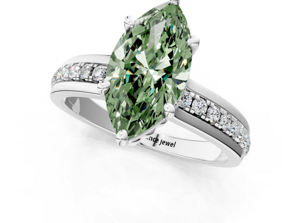 White gold Fancy Green Marquise  Solitaire Diamond Ring with Channel Set Band and Six-Prong Setting