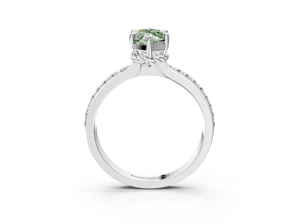 White gold Fancy Green Marquise  Solitaire Diamond Ring with Channel Set Band and Six-Prong Setting