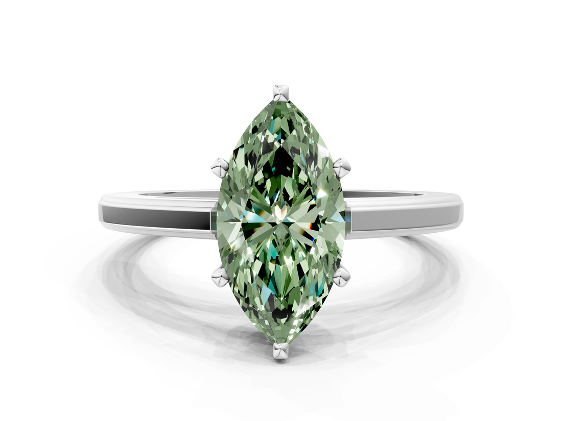 White gold Fancy Green Marquise  Solitaire Diamond Ring with Four-Prong Setting and Classic Band_3