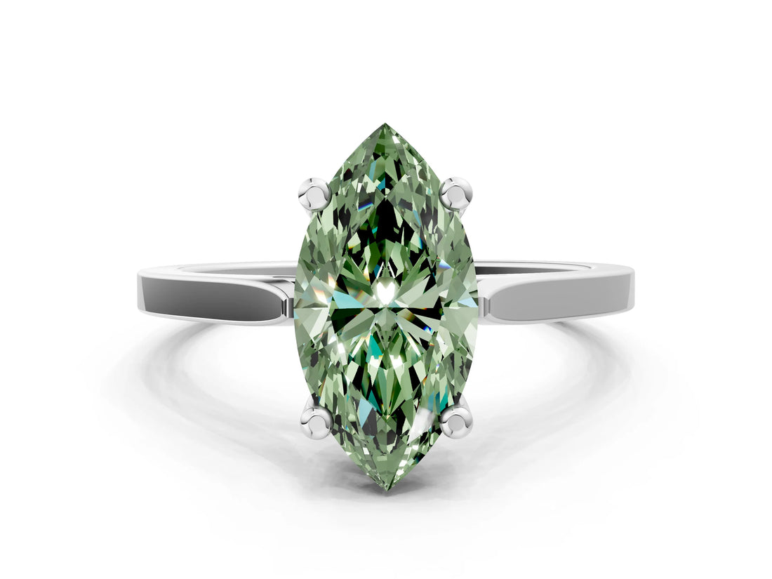 White gold Fancy Green Marquise  Solitaire Diamond Ring with Four-Prong Setting and Tapered Band 1