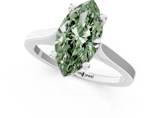 White gold Fancy Green Marquise  Solitaire Diamond Ring with Four-Prong Setting and Tapered Band
