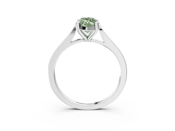 White gold Fancy Green Marquise  Solitaire Diamond Ring with Four-Prong Setting and Tapered Band