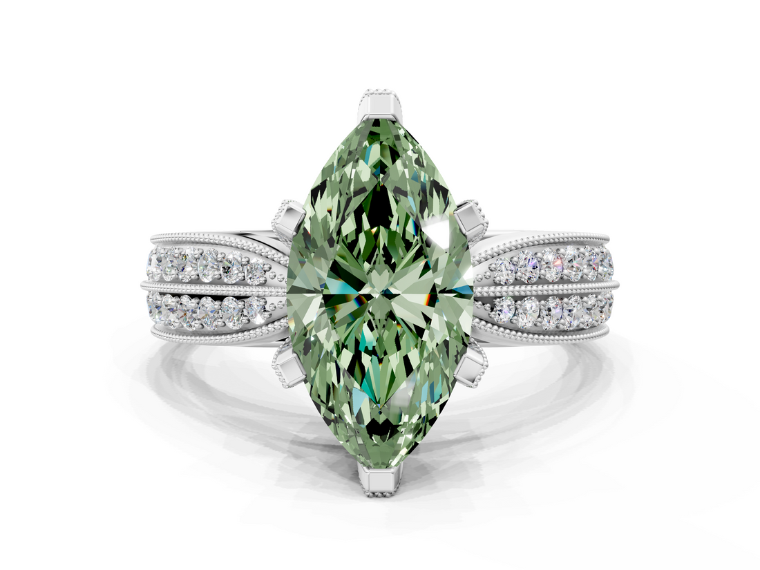 White gold Fancy Green Marquise  Solitaire Diamond Ring with Milgrain Pavé Band and Four-Prong Setting_37