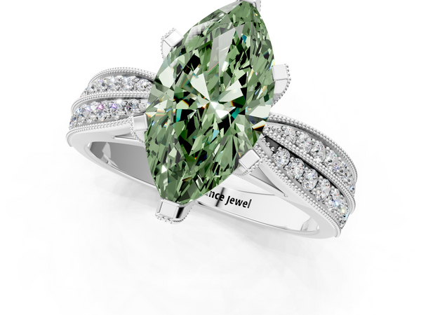 White gold Fancy Green Marquise  Solitaire Diamond Ring with Milgrain Pavé Band and Four-Prong Setting