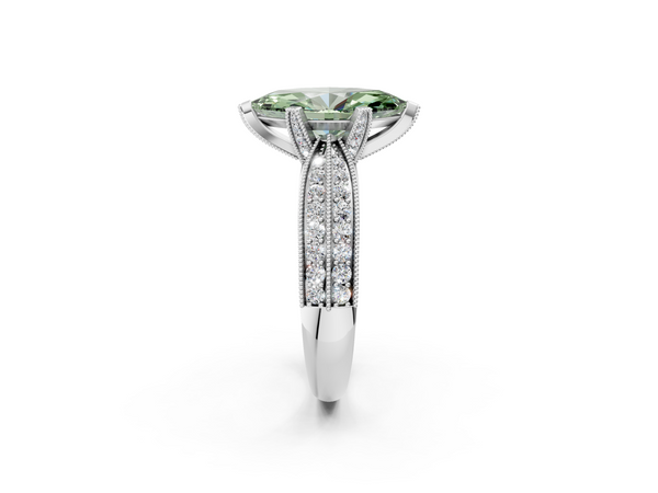 White gold Fancy Green Marquise  Solitaire Diamond Ring with Milgrain Pavé Band and Four-Prong Setting